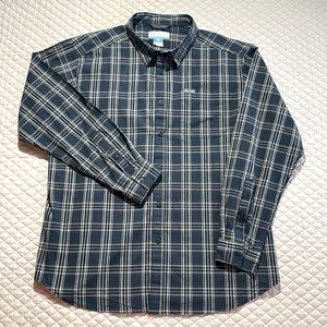 Columbia Mens Casual Dress Shirt. 1X. Black Tan White Plaid. Long Sleeve